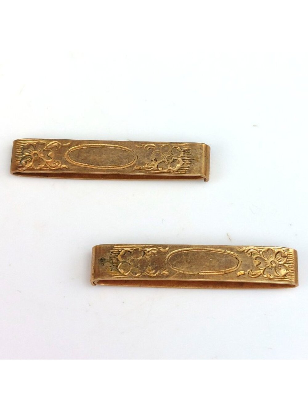 Antique 1920s Lingerie Clips Pair Gold Tone Floral Engraved Art Nouveau 1in